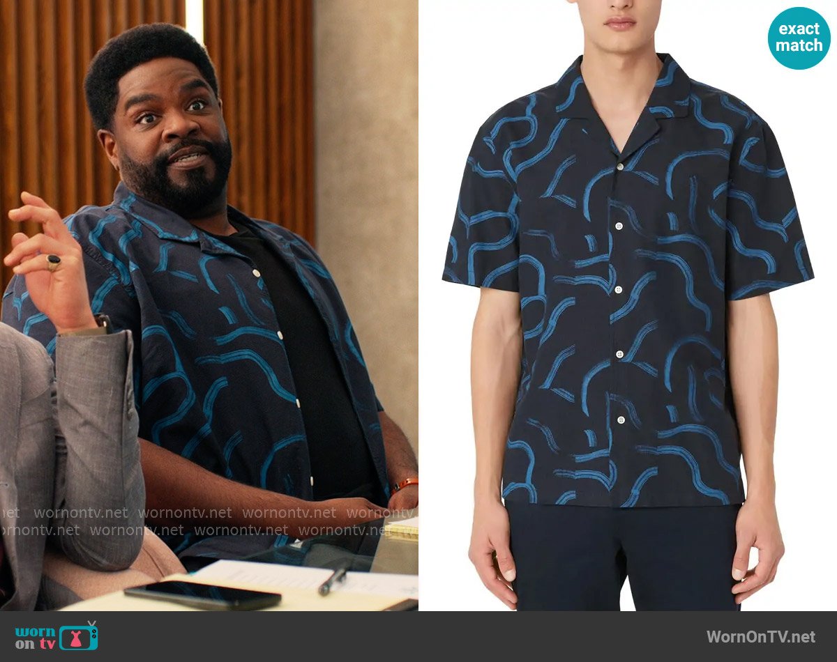 Frank & Oak The Abstract Camp Collar Shirt in Deep Blue worn by Howard (Ron Funches) on Loot