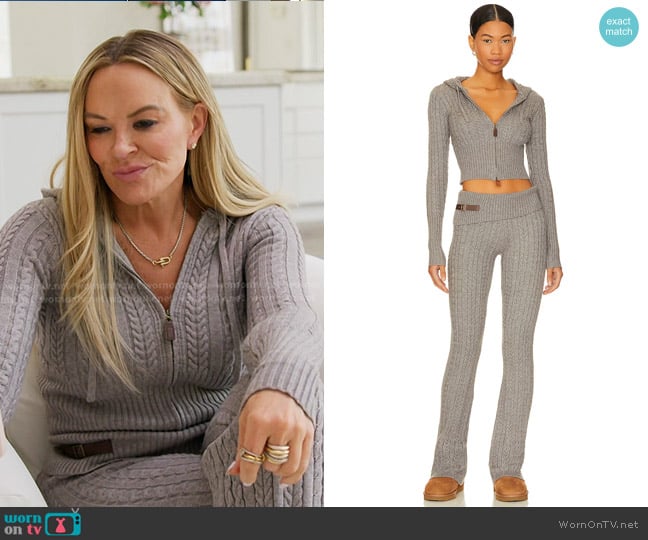 Frankies Bikinis Aimee Cable Knit Hoodie and Fleur Cable Knit Pant worn by Heather Gay on The Real Housewives of Salt Lake City