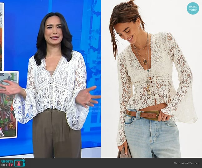 Free People Whispering Love Lace Top in Tofu worn by Emilie Ikeda on Today