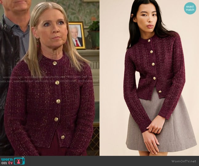 French Connection Lurex Tweed Knit Cardigan in Wine worn by Jennifer Horton (Melissa Reeves) on Days of our Lives