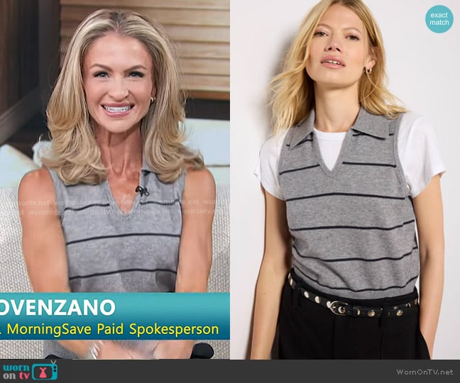 Maria Provenzano’s grey striped sleeveless top on Access Hollywood