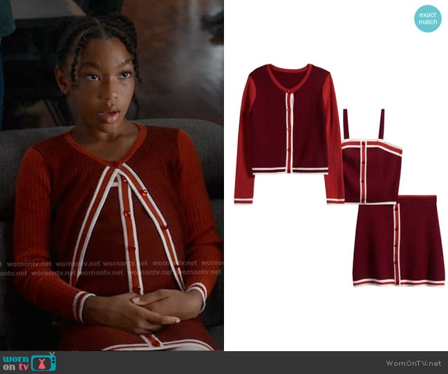 Freshman 3-Piece Sweater Tank, Skirt & Cardigan Set in Burgundy Orange worn by Mara Driskell (Askyler Bell) on 9-1-1