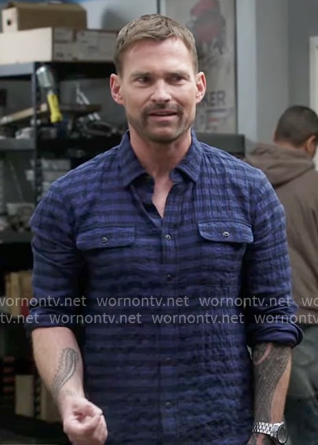 Gabe's blue textured check shirt on Shifting Gears