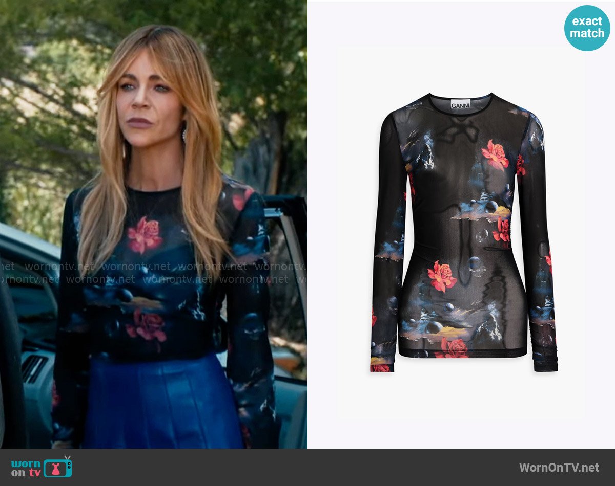 Ganni Ruched floral-print stretch-mesh top worn by Morgan Gillory (Kaitlin Olson) on High Potential