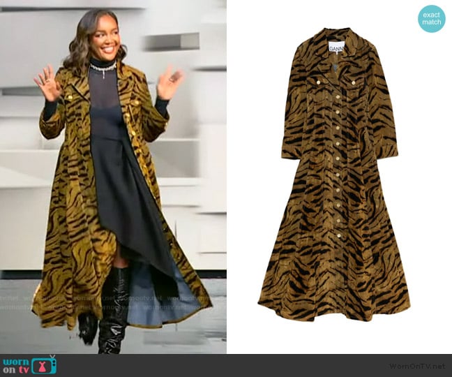 Ganni Tiger-pattern button-up maxi dress worn by Brittany Hampton on Tamron Hall Show