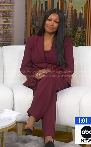 Garcelle Beauvais’s burgundy feather cuff blazer and pants on Good Morning America