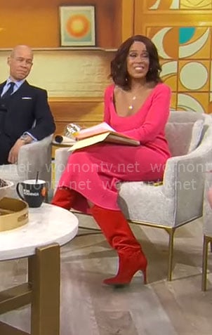 Gayle King's pink scoop neck rib knit dress on CBS Mornings