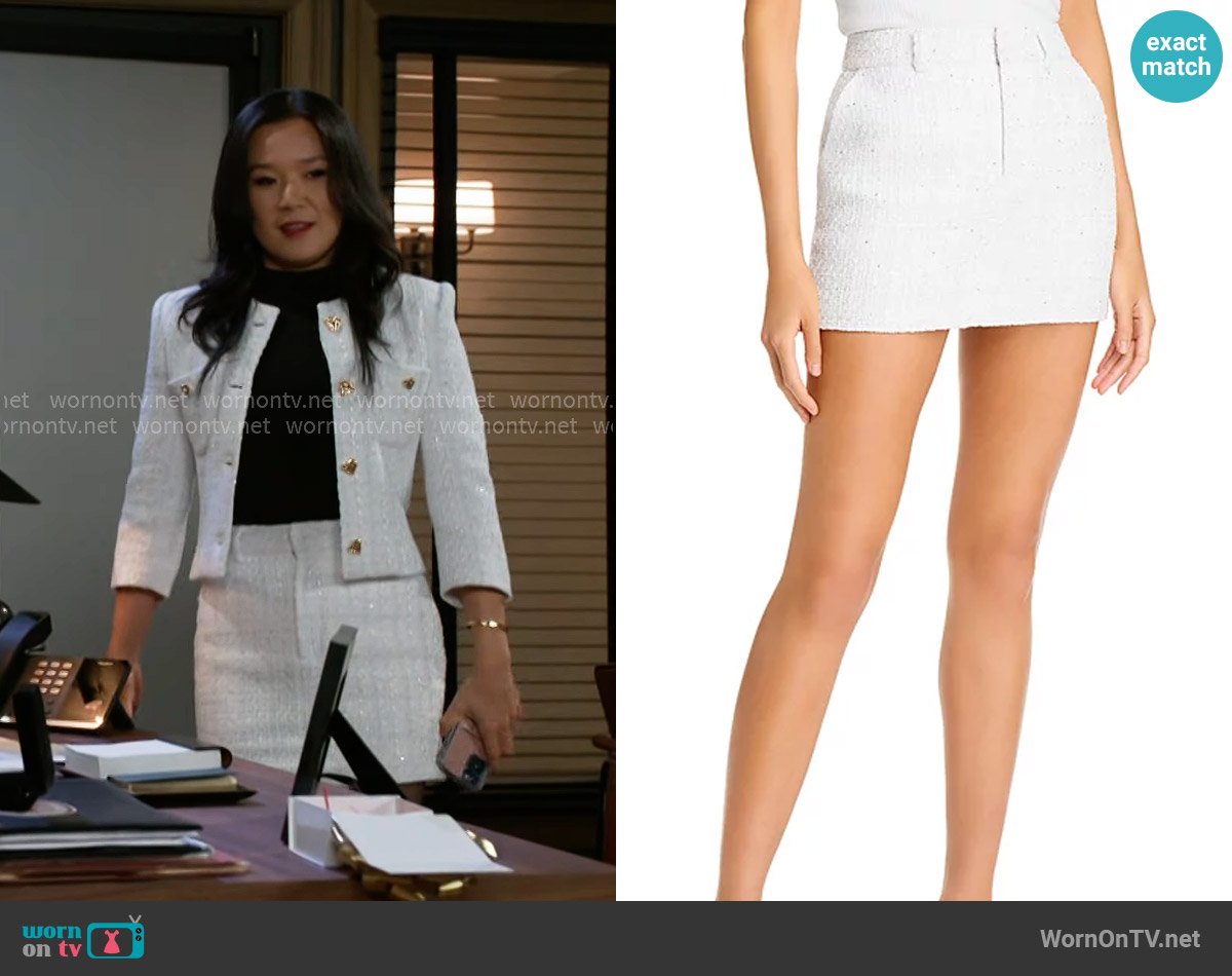 Generation Love Daphne Tweed Mini Skirt worn by Caroline Lee (Ellie Wang) on Beyond the Gates
