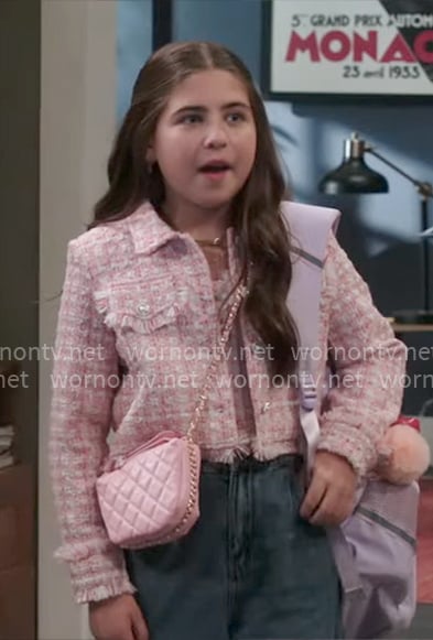 Georgia's pink tweed jacket on Shifting Gears