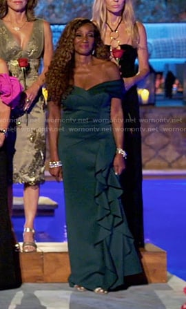 Gerri's green off-shoulder ruffle gown on The Golden Bachelor