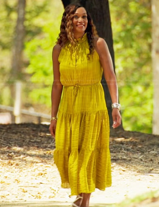 Gerri's yellow tie front dress on The Golden Bachelor