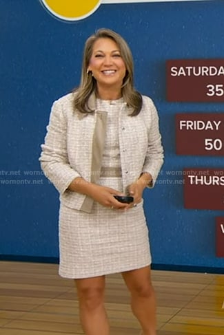 Ginger’s beige tweed dress and jacket on Good Morning America