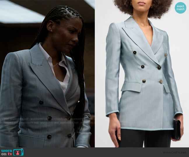 Giogio Armani Textured Viscose Double-Breasted Blazer worn by Jax Stewart (Emayatzy Corinealdi) on Reasonable Doubt