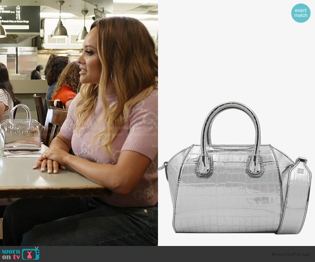 Givenchy Antigona Toy Top-Handle Bag in Metallic Croc-Embossed Leather worn by Ashley Darby on The Real Housewives of Potomac