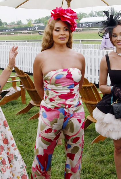 Gizelle's floral strapless top and pants on The Real Housewives of Potomac