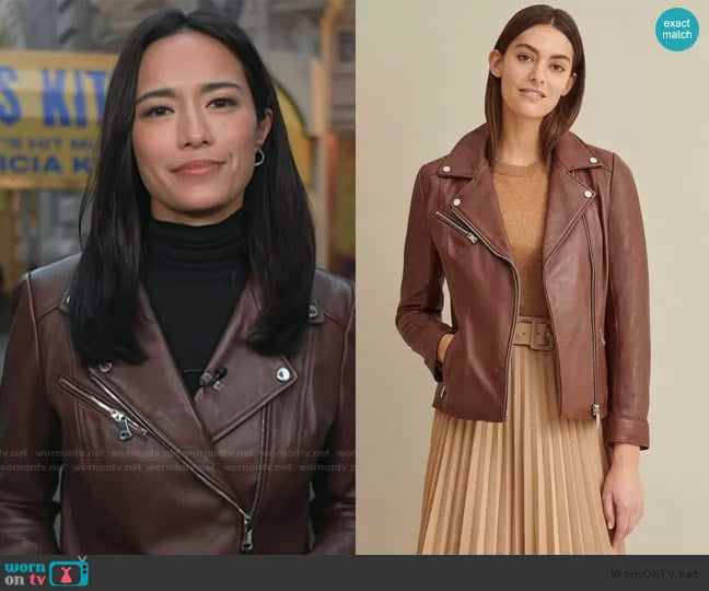 Goldens Leather Brown Lambskin Leather Notch Collar Biker Jacket worn by Emilie Ikeda on Today