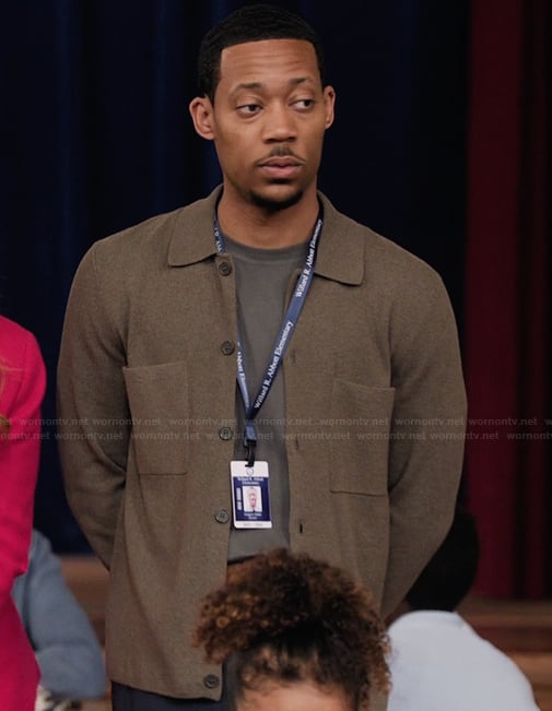 Gregory's brown cardigan on Abbott Elementary