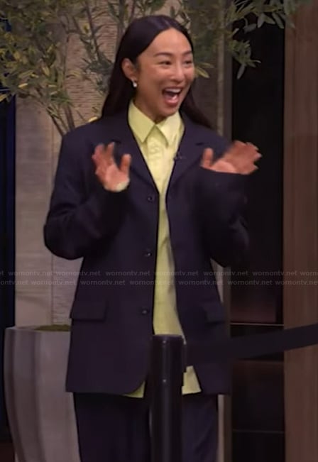 Greta Lee’s black pinstripe suit on Live with Kelly and Mark