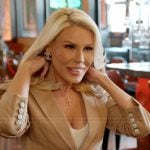 Gretchen’s beige denim blazer on The Real Housewives of Orange County