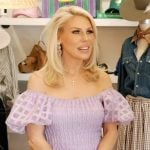 Gretchen’s lavender off shoulder dress on The Real Housewives of Orange County