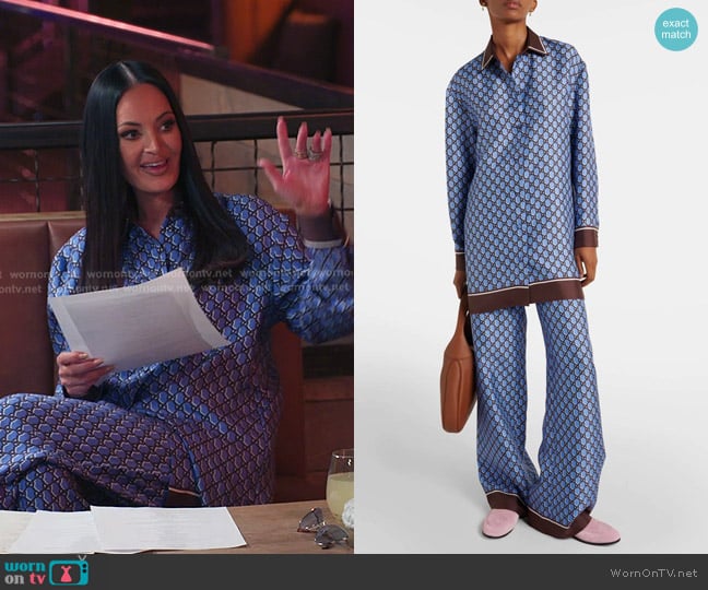 Gucci GG canvas Silk Shirt and Palazzo Pants worn by Lisa Barlow on The Real Housewives of Salt Lake City