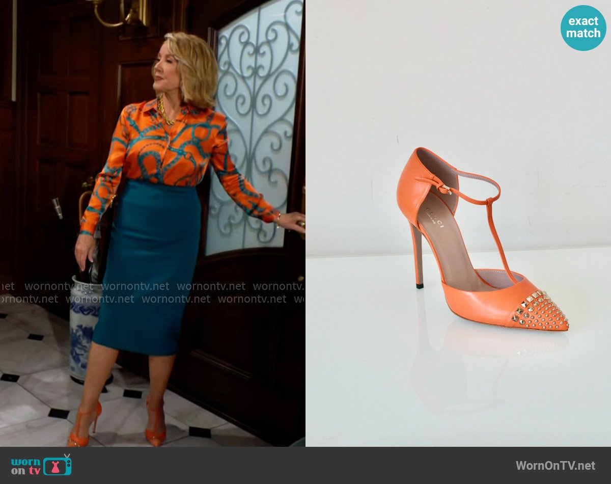 Gucci Studded T-Strap Heels worn by Nikki Reed Newman (Melody Thomas-Scott) on The Young and the Restless