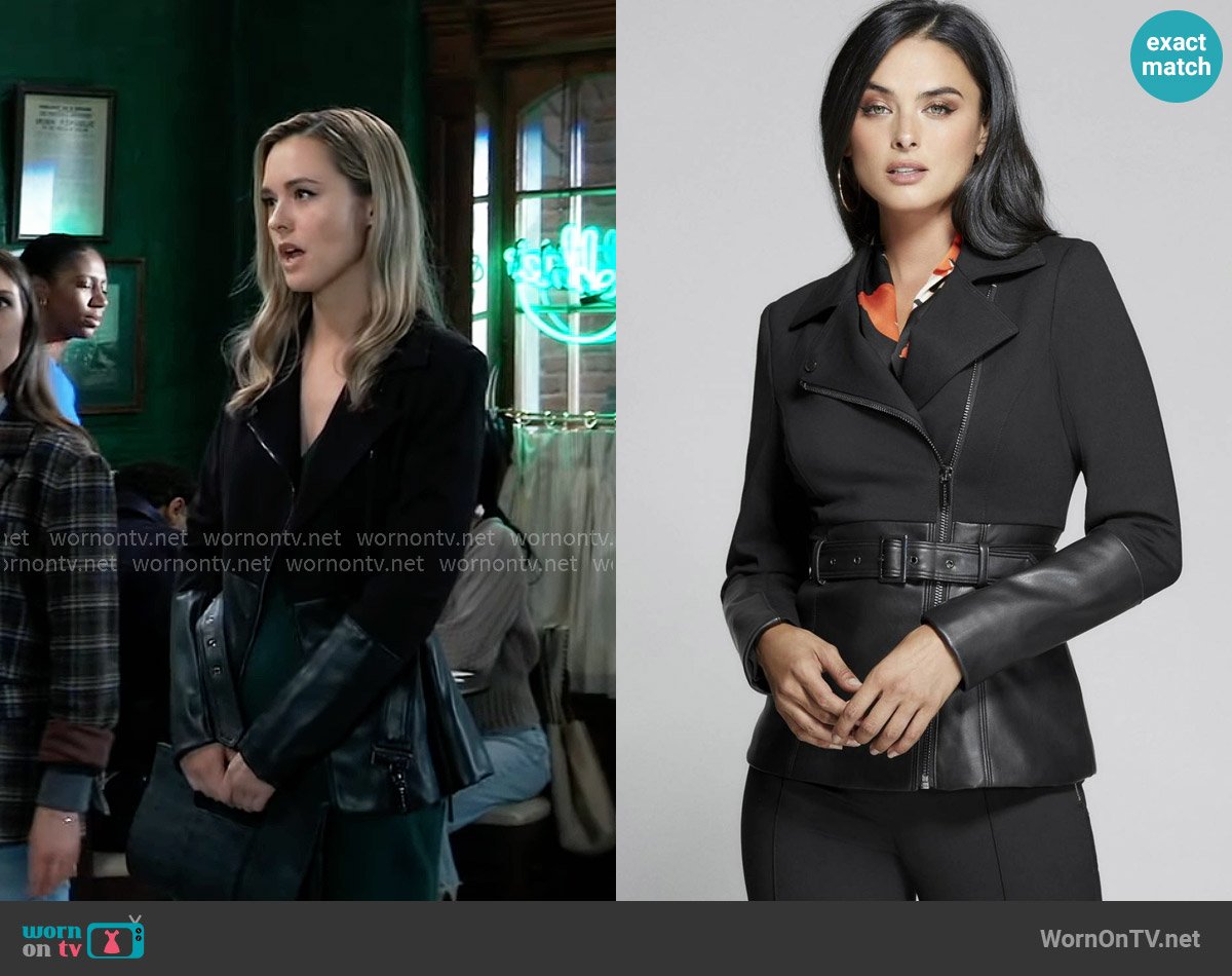 Guess Knit & Faux Leather Jacket worn by Jacinda Bracken (Paige Herschell) on General Hospital