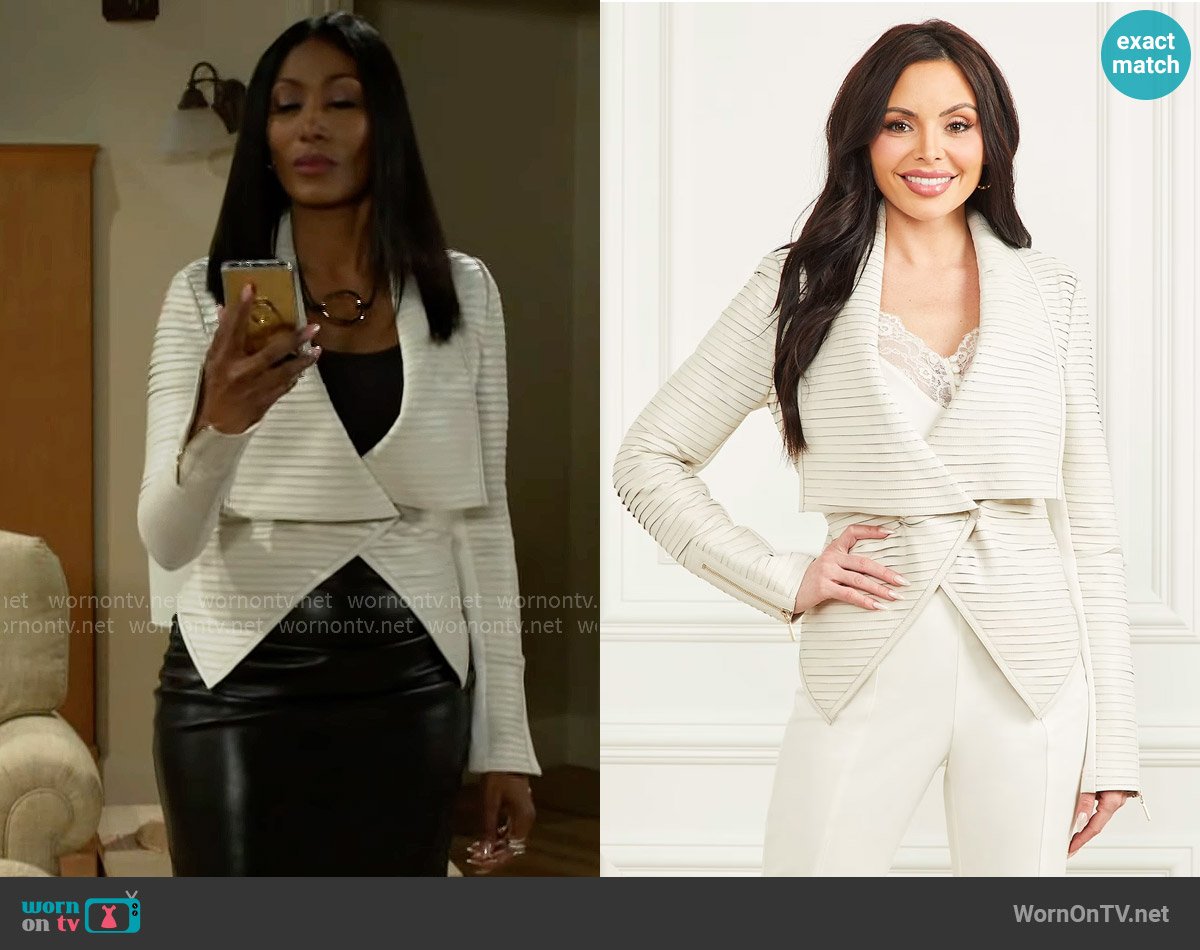 Leslie’s white leather jacket on Beyond the Gates