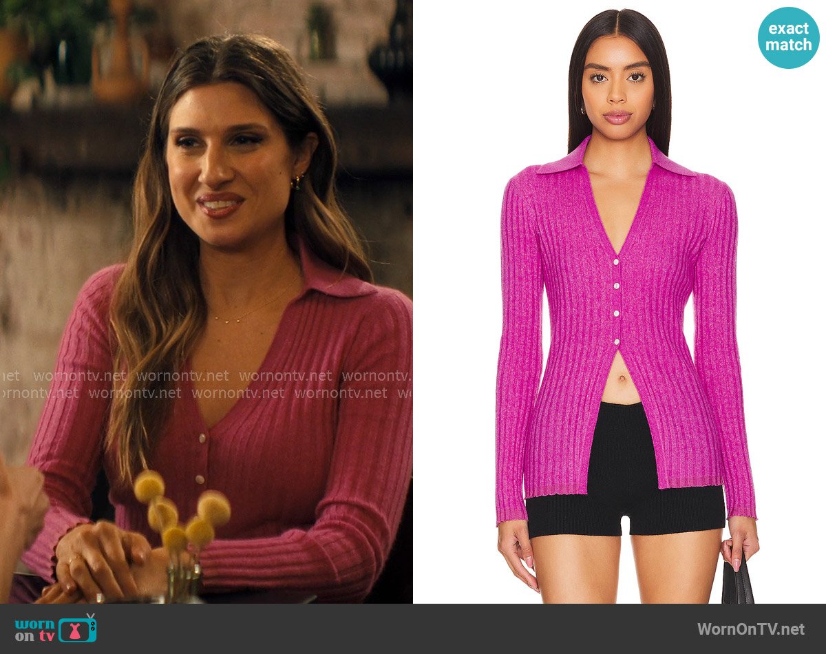 Guest in Residence Rib Button Cardigan in Fucshia worn by Rebecca (Emily Arlook) on Nobody Wants This