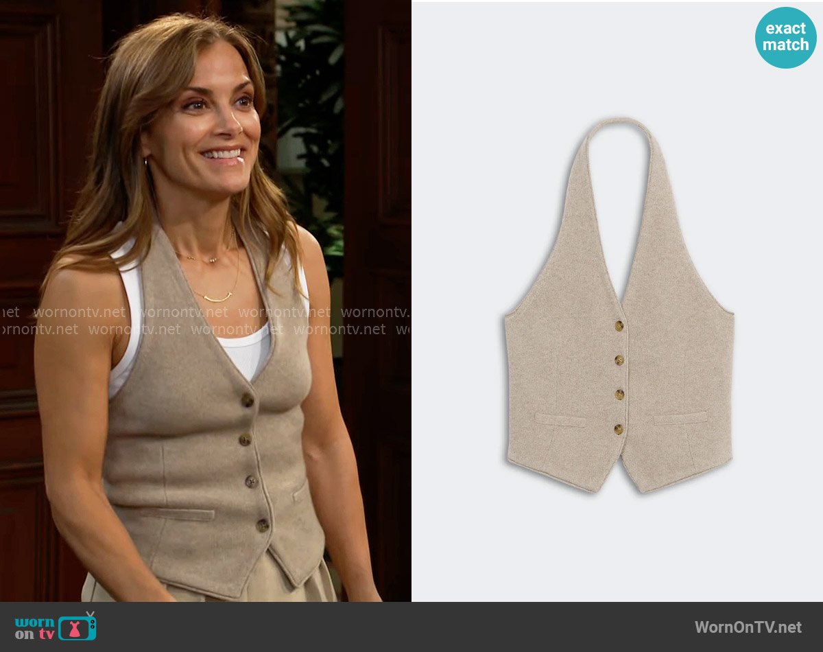 Guest in Residence Tailored Halter Vest in Taupe worn by Taylor Hayes (Rebecca Budig) on The Bold and the Beautiful