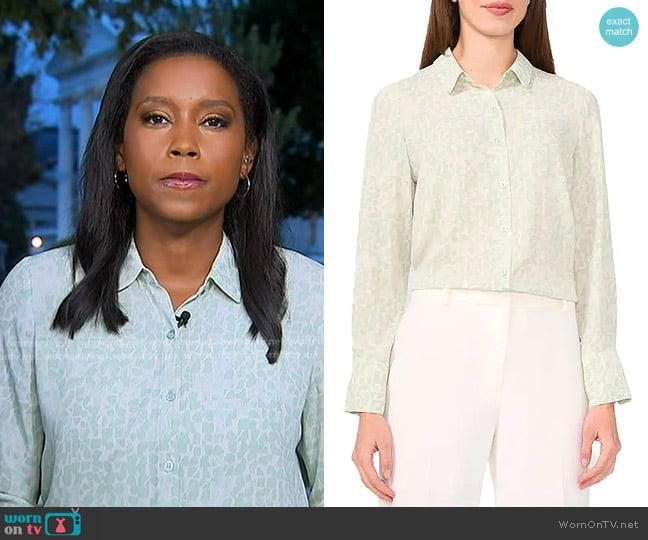 Halogen Geo Print Crepe Button-up Shirt in mint creme worn by Rachel Scott on Good Morning America