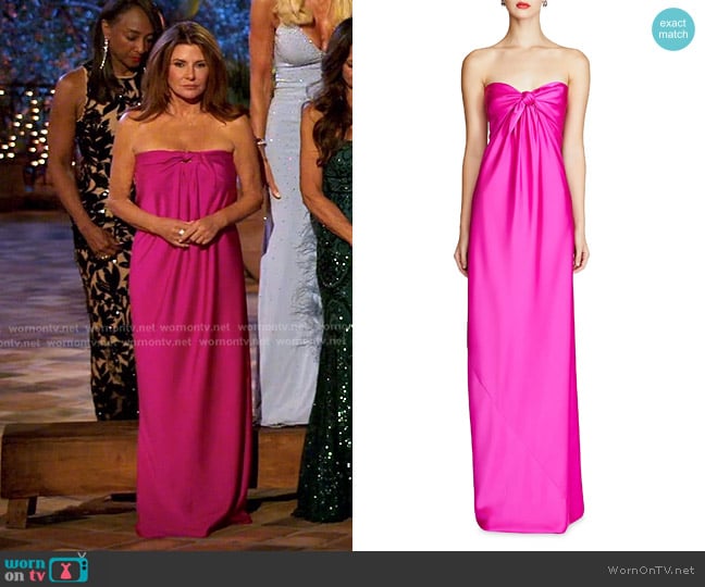 Halston Lisette Satin Strapless Gown in Shocking Pink worn by Cindy Angelcyk Cullers on The Golden Bachelor