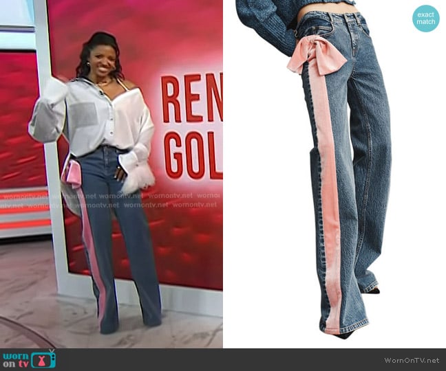 Hellessy Bentley Boyfriend Jeans With Pink Velvet Bow worn by Renee Elise Goldsberry on Today
