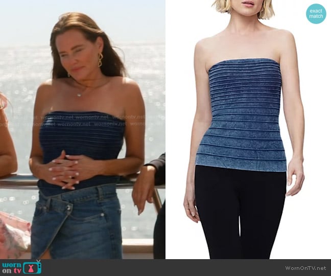 Hervé Léger The Ellie Denim Strapless Top worn by Meredith Marks on The Real Housewives of Salt Lake City