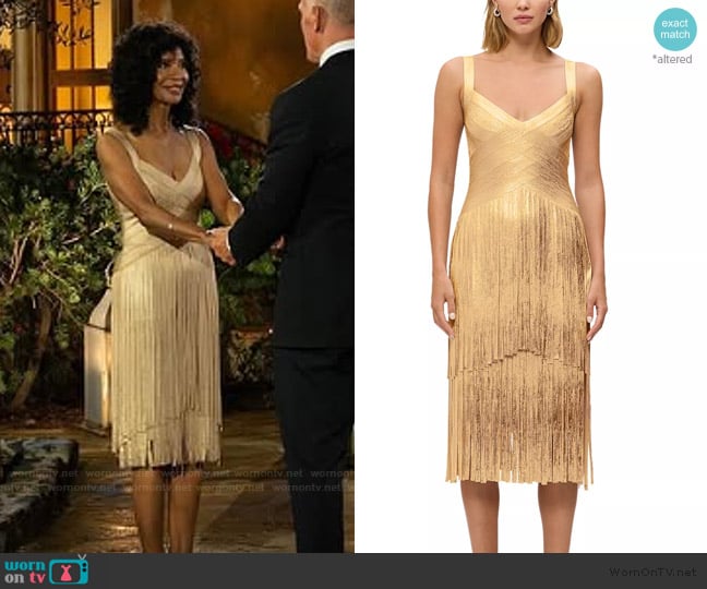 Herve Leger The Metallic Mischa Dress worn by Andra Wicks on The Golden Bachelor