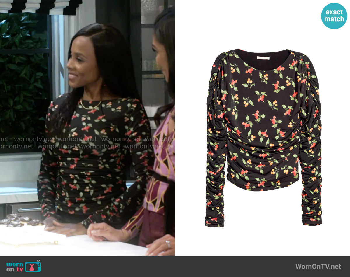 H&M Draped Jersey Top in Black / Floral worn by Hayley Lawson (Marquita Goings) on Beyond the Gates