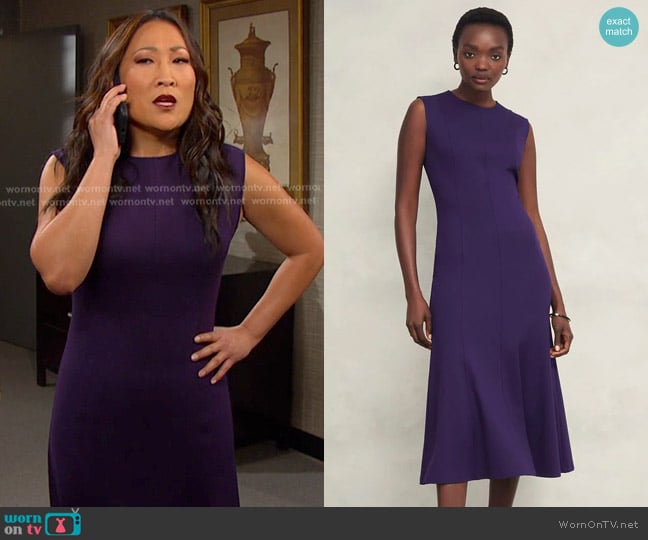 Hobbs Davina Ponte Dress in Grape Purple worn by Melinda Trask (Tina Huang) on Days of our Lives