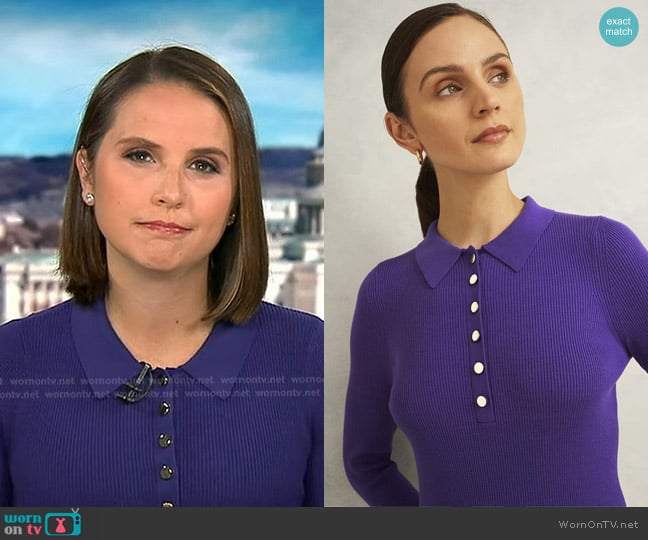 Hobbs Fara Ribbed Knitted Shirt in Purple worn by Elizabeth Schulze on Good Morning America