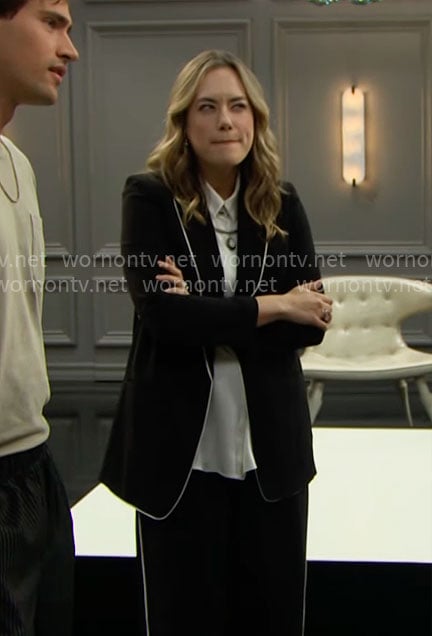 Hope’s black suit with white piping on The Bold and the Beautiful
