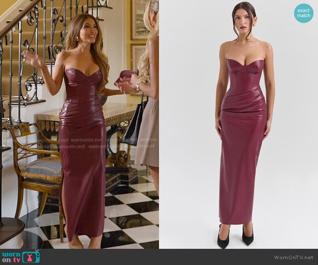 House of CB Juliana Vegan Leather Midi Dress in cabernet worn by Chrishell Stause on Selling Sunset