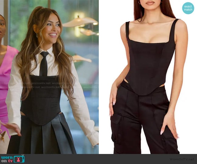 House of CB Rafa black satin longline corset worn by Chrishell Stause on Selling Sunset
