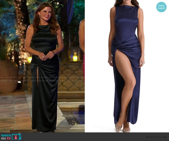 House of CB Roxanne Slit Satin Maxi Dress worn by Cindy Angelcyk Cullers on The Golden Bachelor