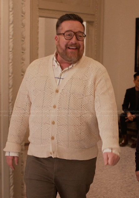 Howard's beige argyle knit cardigan on Only Murders in the Building
