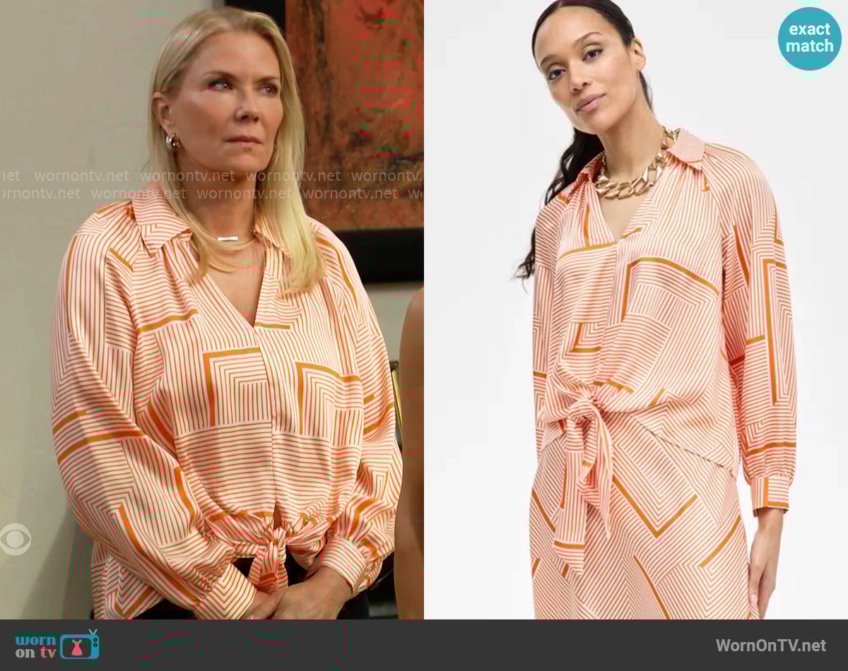 INC International Concepts Printed Tie-Front Blouse worn by Brooke Logan (Katherine Kelly Lang) on The Bold and the Beautiful