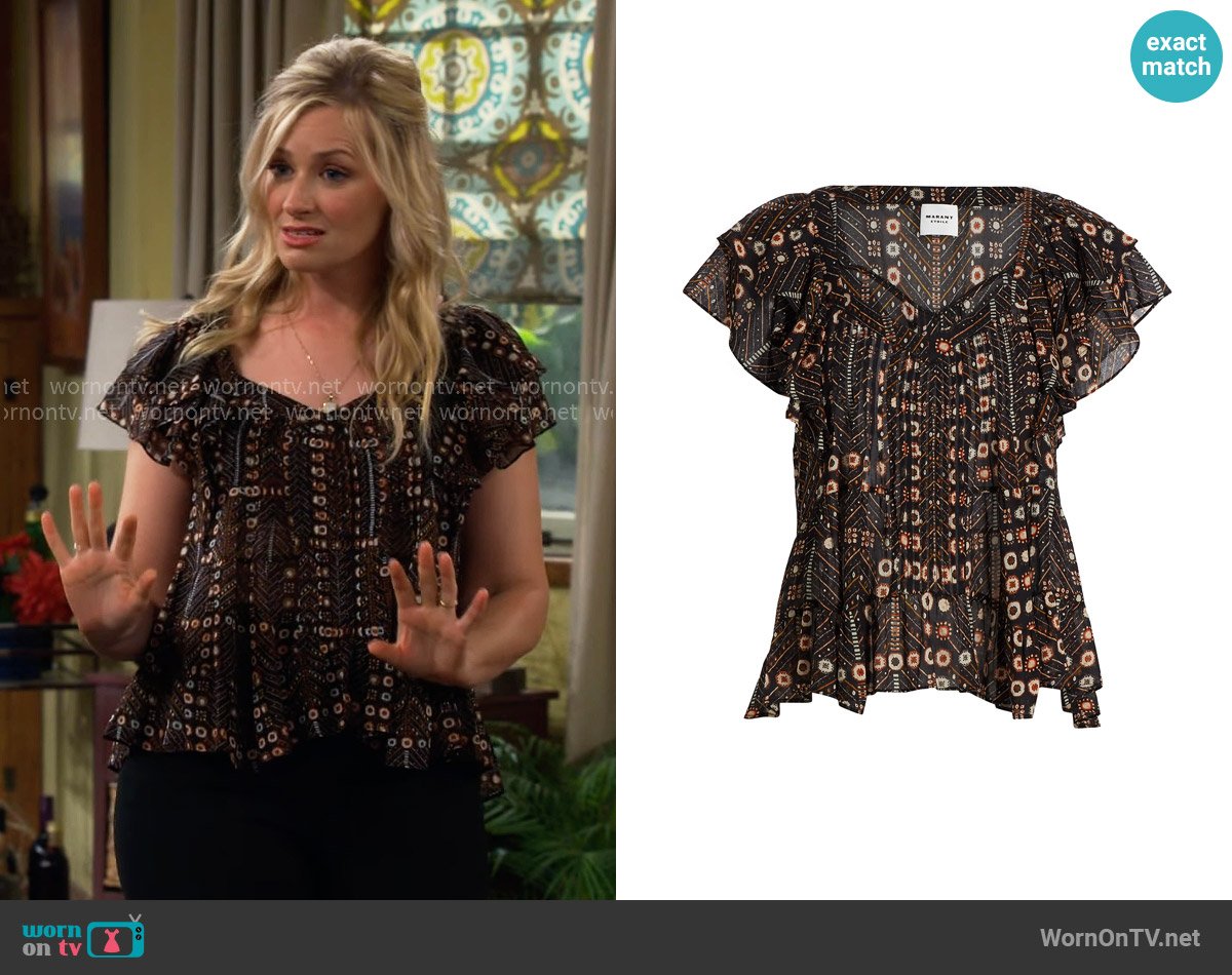 Isabel Marant Etoile Madrana Printed Cotton Top worn by Gemma (Beth Behrs) on The Neighborhood