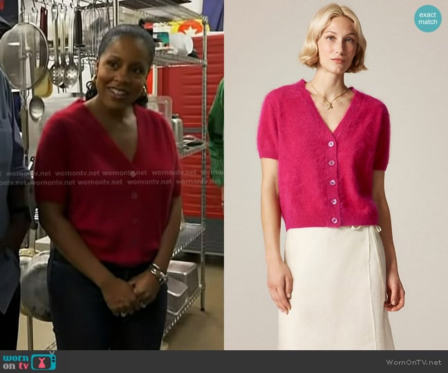 J. Crew Brushed Cashmere Short-sleeve Cardigan in Crimson Rouge worn by Sheinelle Jones on Today