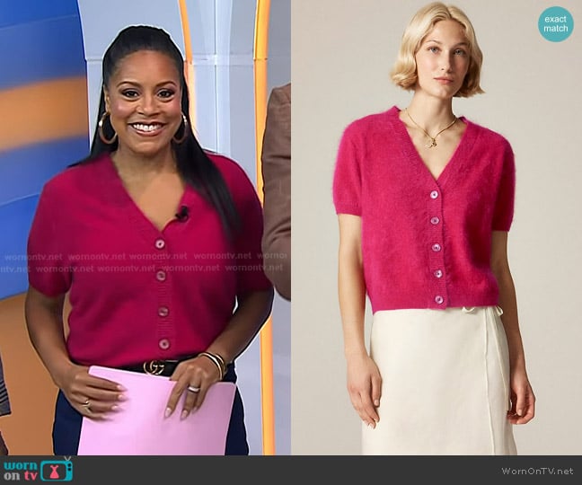 J. Crew Brushed Cashmere Short-sleeve Cardigan in Crimson Rouge worn by Sheinelle Jones on Today