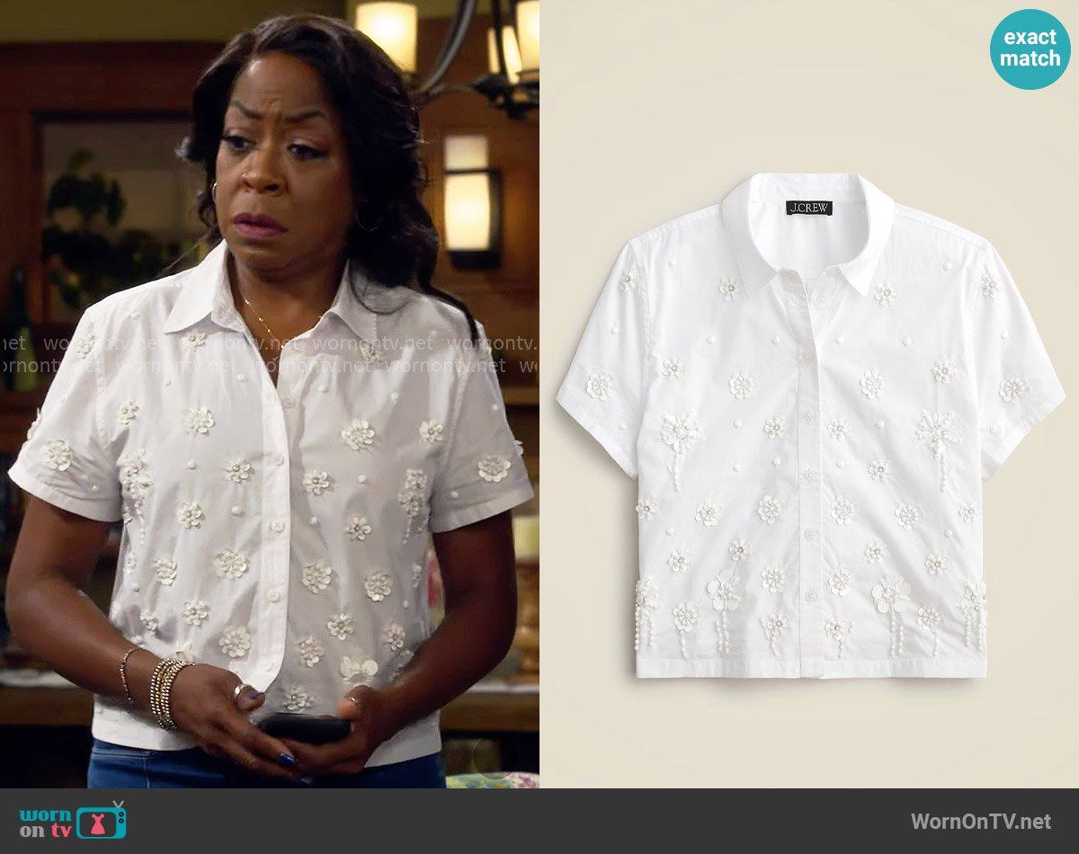 J. Crew Collection embellished button-up shirt worn by Tina Butler (Tichina Arnold) on The Neighborhood