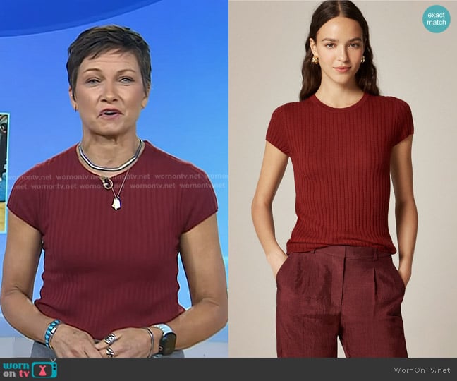 J. Crew New Ribbed Featherweight Cashmere T-shirt in Bordeaux Berry worn by Stephanie Gosk on Today