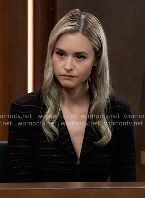 Jacinda's black and red striped jacket on General Hospital